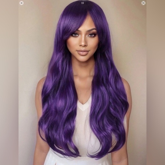 ✨NWT Purple Wig With Bangs Long Wavy Synthetic Heat Resistant 26” main image 8